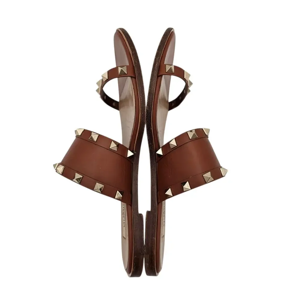 Valentino Garavani Rockstud Brown Leather Flat Sandal Strap Slide Gold Size 38 8